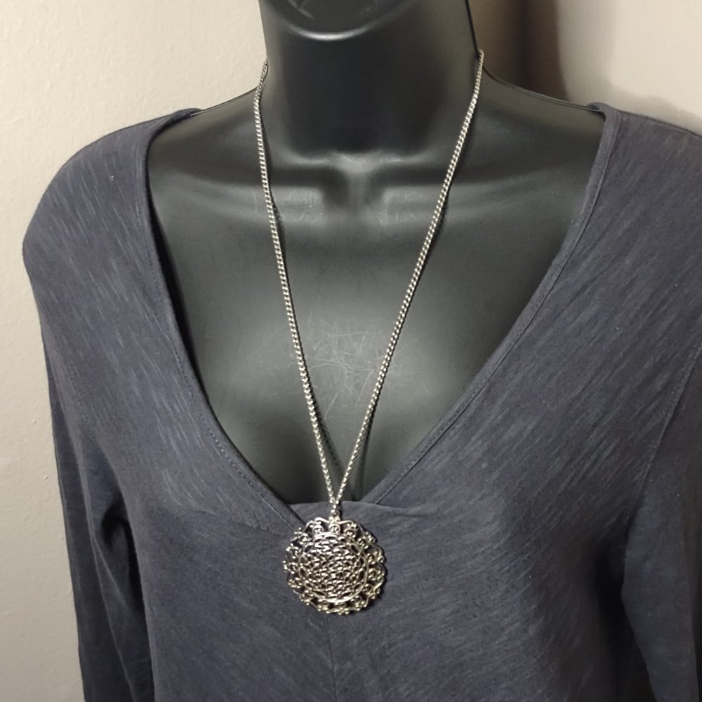 Decorative Large Silver Tone Round Pendant Necklace 24 1/4 Inches Long